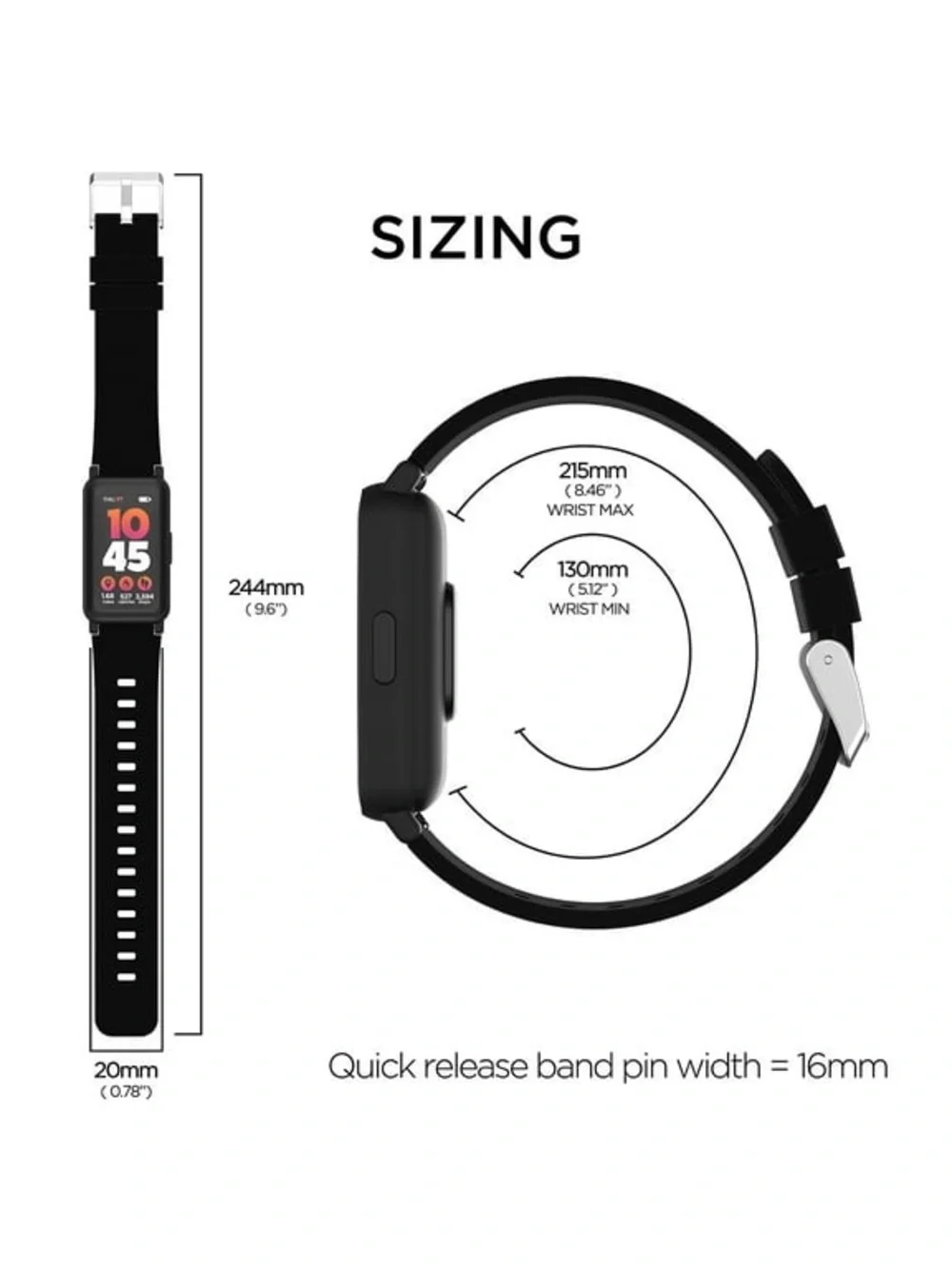 iTech Active 3 Unisex Adult Smartwatch Fitness Tracker, Black, Silicone Strap